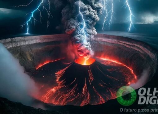 Ilustração de raios caindo sobre vulcão em erupção